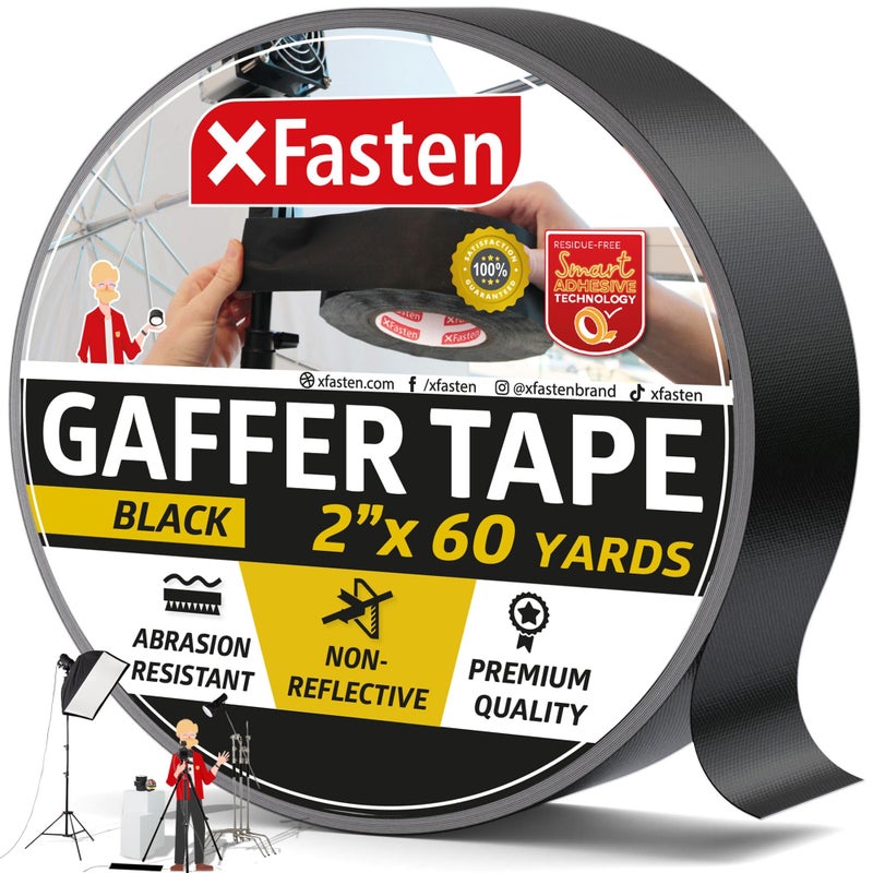 XFasten Black Gaffers Tape 2 Inch x 60 Yards (180 Feet) Residue-Free Matte Black Gaff Tape 2 Inch, Non-Reflective, Easy-to-Tear, Strong Adhesion for Floor Marking, Electrical Cords, Photography - Image 1